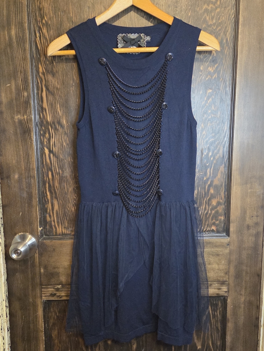 Twelve By Twelve LA Sleeveless Navy Chain-Embellished Drop-Waist Dress Sz L